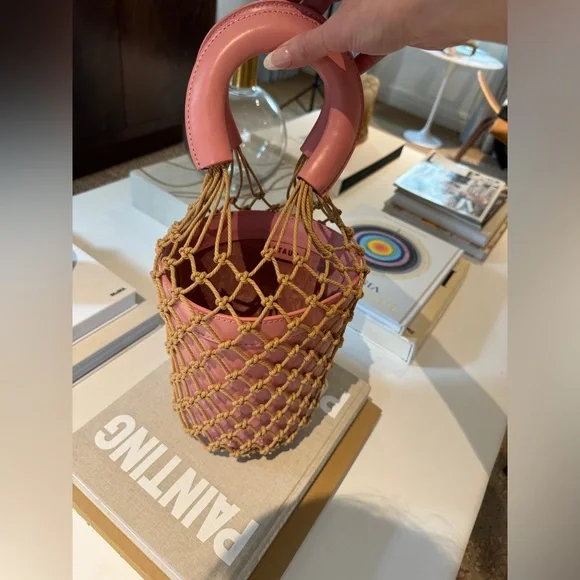 Staud Moreau Macrame and Leather Bucket Bag Pink